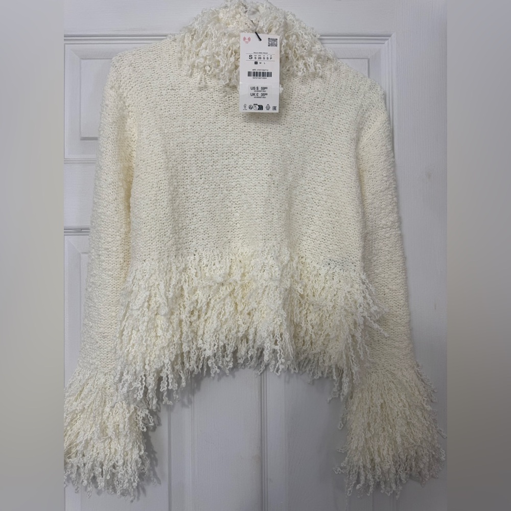 Zara Cream Cowl Neck Sweater with Fringe